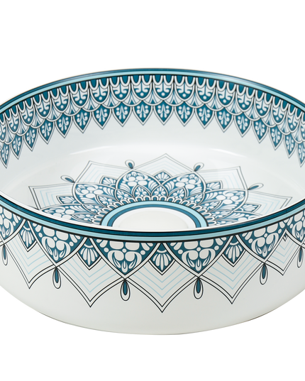 Lavoar ceramic rotund A524B-D – design decorativ albastru și alb lucios