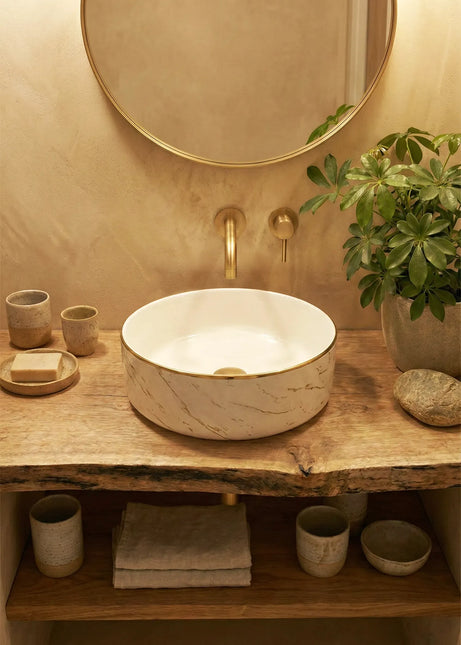 Lavoar rotund ceramic A524B-KG268 – alb marmorat cu accente aurii