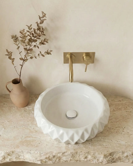 Lavoar ceramic rotund A535 – alb lucios, exterior geometric