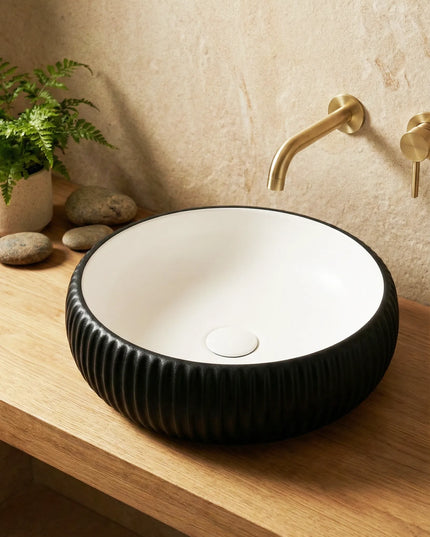 Lavoar ceramic rotund A544-CBKW-MRS – design modern alb mat și negru mat texturat