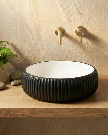 Lavoar ceramic rotund A544-CBKW-MRS – design modern alb mat și negru mat texturat