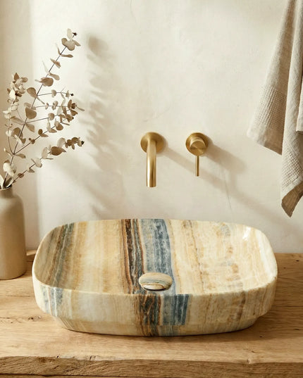 Lavoar ceramic oval A585A-P254 – design marmorat lucios crem cu vene gri și aurii