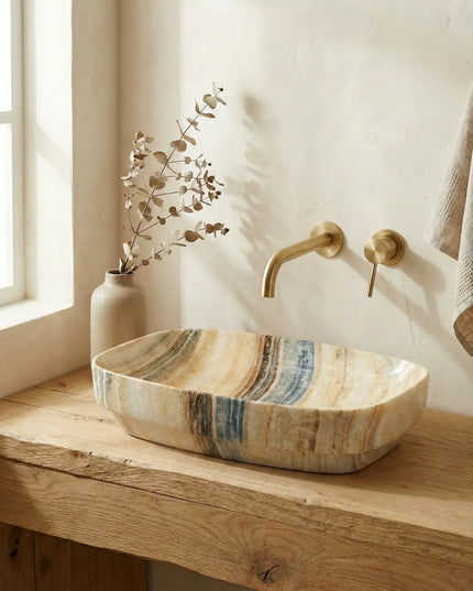 Lavoar ceramic oval A585A-P254 – design marmorat lucios crem cu vene gri și aurii