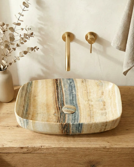Lavoar ceramic oval A585A-P254 – design marmorat lucios crem cu vene gri și aurii
