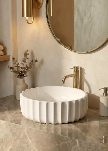 Lavoar ceramic rotund A659 – alb lucios, exterior ondulat