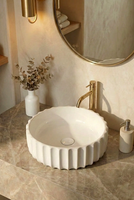Lavoar ceramic rotund A659 – alb lucios, exterior ondulat