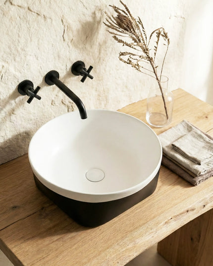 Lavoar ceramic rotund A692-CA08M – design modern alb mat și negru mat