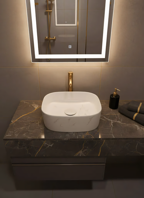 Lavoar ceramic pe blat alb cu finisaj marmorat – A707-CUGO7-M