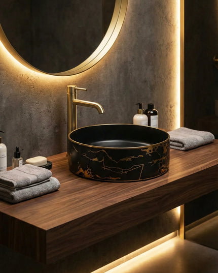 Lavoar ceramic rotund negru cu inserții aurii – model A712-CBK64-M