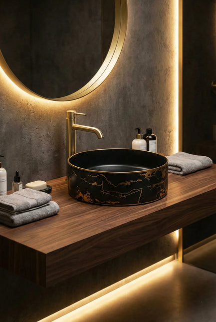 Lavoar ceramic rotund negru cu inserții aurii – model A712-CBK64-M