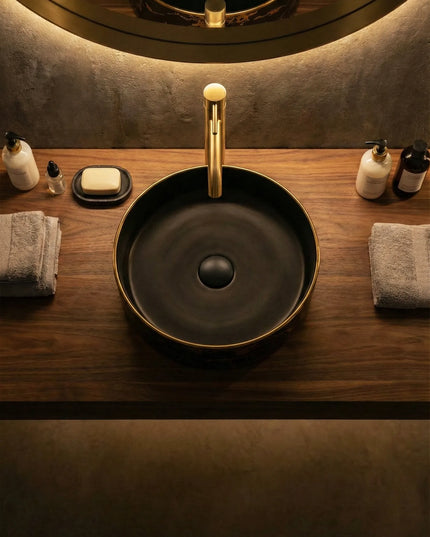 Lavoar ceramic rotund negru cu inserții aurii – model A712-CBK64-M