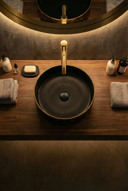Lavoar ceramic rotund negru cu inserții aurii – model A712-CBK64-M