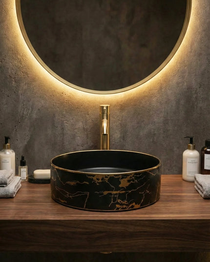 Lavoar ceramic rotund negru cu inserții aurii – model A712-CBK64-M