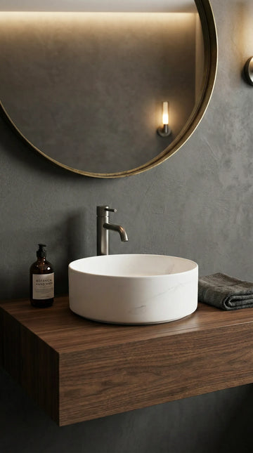 Lavoar Rotund Alb  din Ceramică cu Finisaj Marble Subtil - a712-cugo04-m