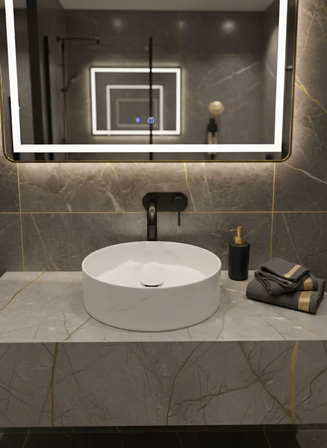 Lavoar Rotund Alb  din Ceramică cu Finisaj Marble Subtil - a712-cugo04-m