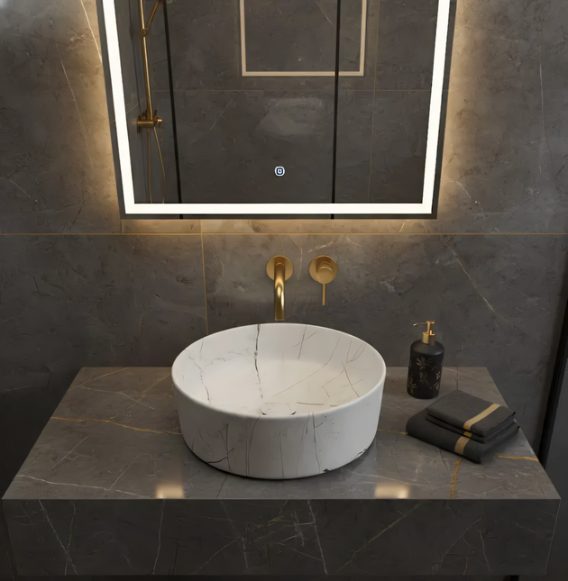 Lavoar Ceramic Rotund Alb cu Model Marmură Neagră a712-p429m