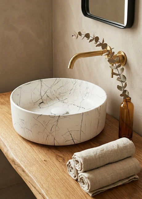 Lavoar Ceramic Rotund Alb cu Model Marmură Neagră a712-p429m