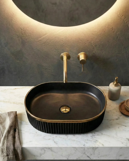 Lavoar ceramic oval A721-CBKGGLG-M – negru mat texturat cu linie aurie
