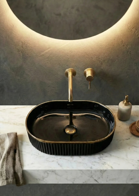 Lavoar ceramic oval A721-CBKGGLG – negru lucios texturat cu linie aurie