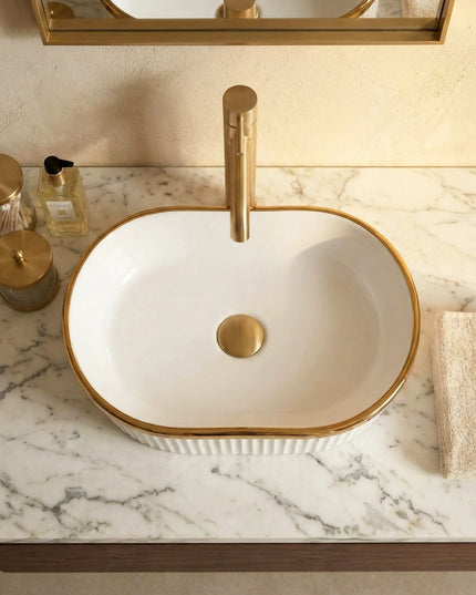 Lavoar ceramic oval A721-GGLG – alb lucios texturat cu linie aurie