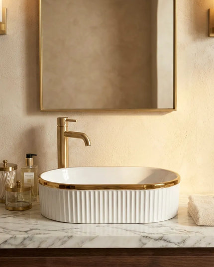 Lavoar ceramic oval A721-GGLG – alb lucios texturat cu linie aurie