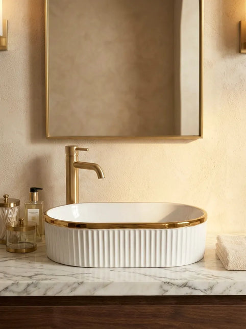 Lavoar ceramic oval A721-GGLG – alb lucios texturat cu linie aurie