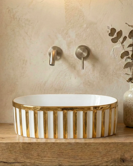 Lavoar ceramic oval A721-GGLW – design elegant alb lucios cu decor auriu