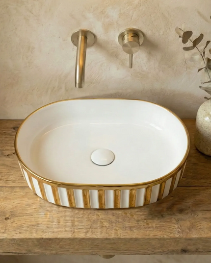 Lavoar ceramic oval A721-GGLW – design elegant alb lucios cu decor auriu