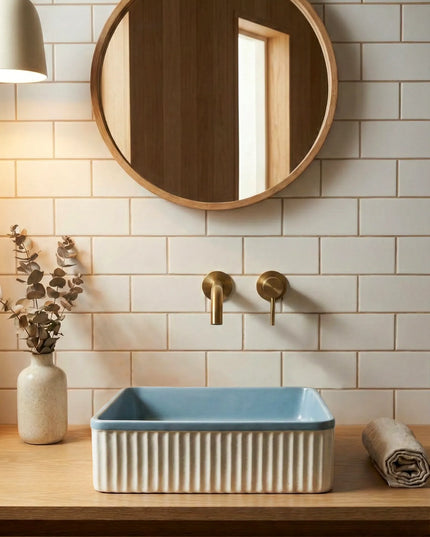 Lavoar ceramic pătrat A722-CA35M – design modern albastru deschis mat și alb mat
