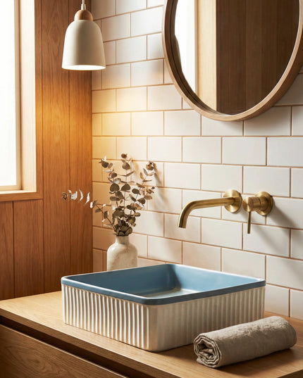 Lavoar ceramic pătrat A722-CA35M – design modern albastru deschis mat și alb mat