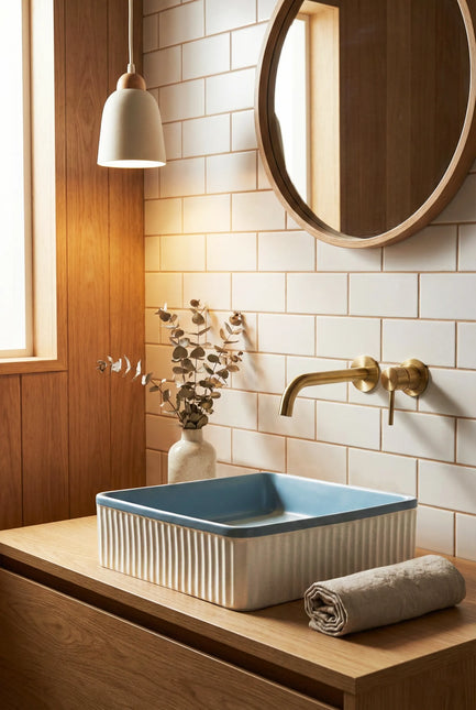 Lavoar ceramic pătrat A722-CA35M – design modern albastru deschis mat și alb mat