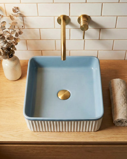 Lavoar ceramic pătrat A722-CA35M – design modern albastru deschis mat și alb mat