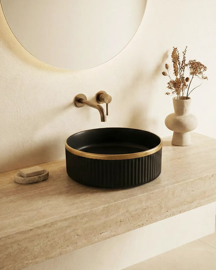 Lavoar ceramic rotund A725-CBKGGLG-M – design modern negru mat striat cu linie aurie