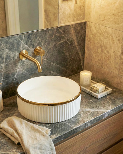 Lavoar ceramic rotund A725-GGLG – design modern alb lucios cu linie aurie decorativă