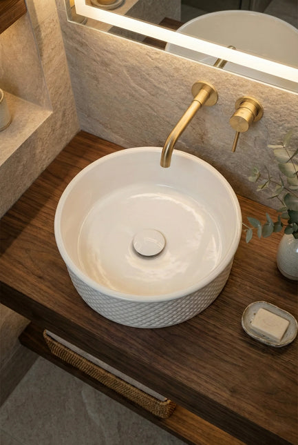 Lavoar ceramic rotund A733 – alb lucios, exterior texturat