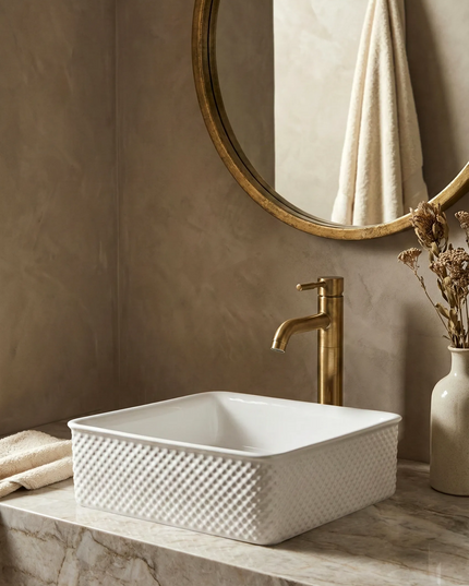 Lavoar ceramic pătrat A734 – alb lucios, design texturat
