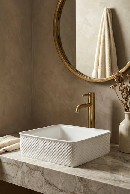 Lavoar ceramic pătrat A734 – alb lucios, design texturat