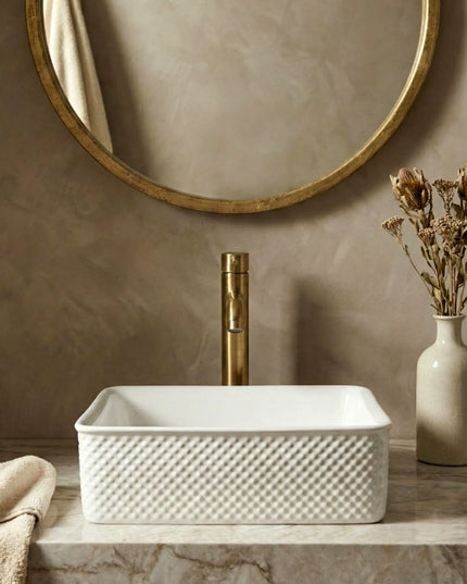 Lavoar ceramic pătrat A734 – alb lucios, design texturat