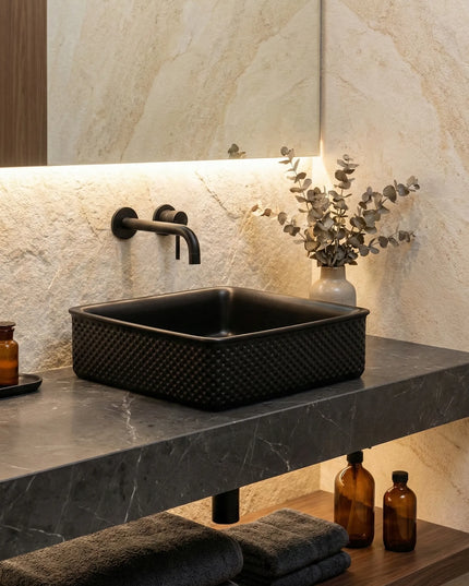Lavoar ceramic pătrat A734-CBK-M – negru mat, design texturat
