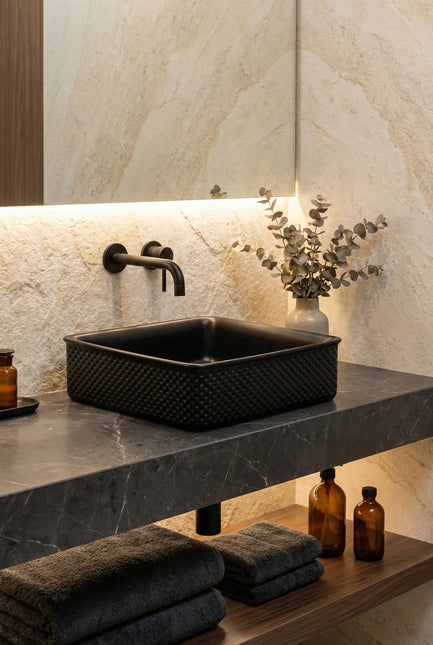 Lavoar ceramic pătrat A734-CBK-M – negru mat, design texturat