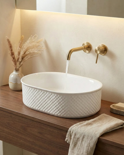 Lavoar ceramic oval A739 – alb lucios cu exterior texturat