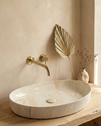 Lavoar ceramic oval A745-P302 – design marmorat crem lucios cu vene aurii