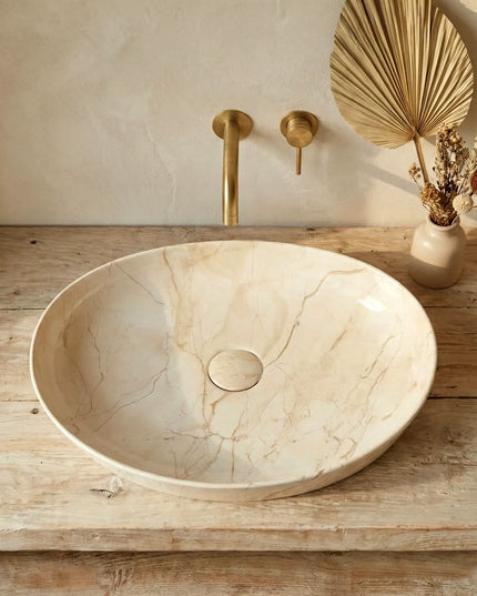 Lavoar ceramic oval A745-P302 – design marmorat crem lucios cu vene aurii