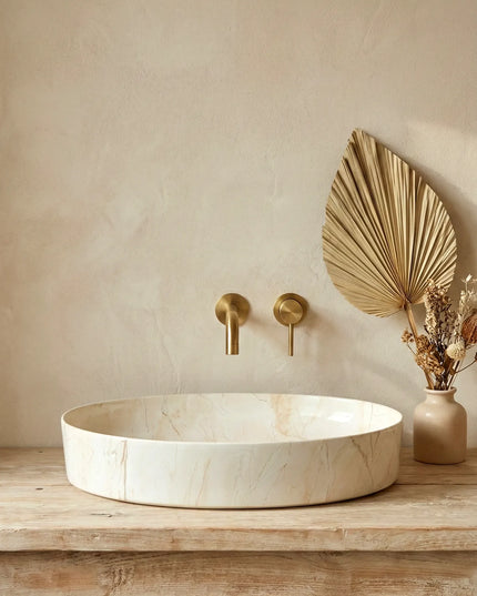 Lavoar ceramic oval A745-P302 – design marmorat crem lucios cu vene aurii