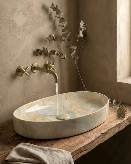 Lavoar ceramic oval A745-P786 – design marmorat crem lucios cu vene aurii