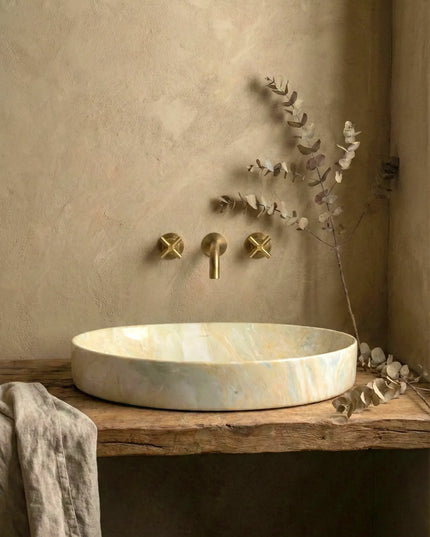 Lavoar ceramic oval A745-P786 – design marmorat crem lucios cu vene aurii