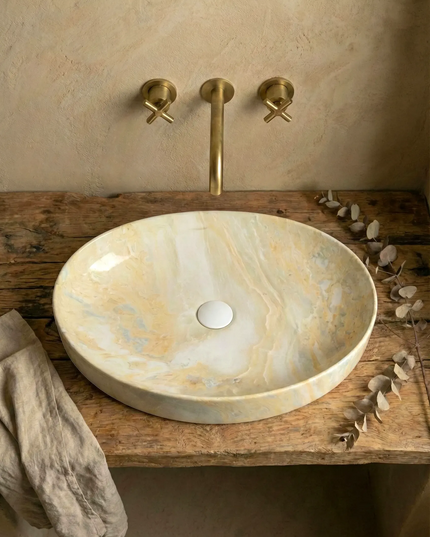 Lavoar ceramic oval A745-P786 – design marmorat crem lucios cu vene aurii