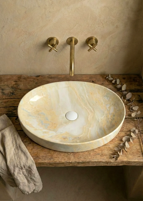 Lavoar ceramic oval A745-P786 – design marmorat crem lucios cu vene aurii