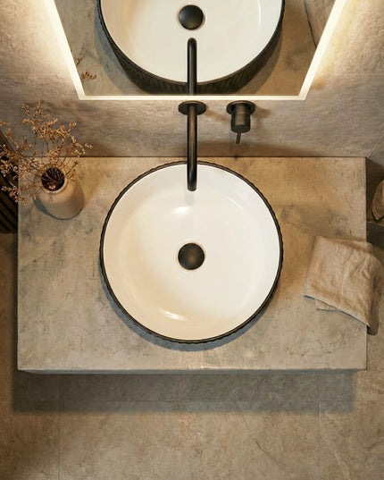 Lavoar ceramic rotund A747-CBKW-MRS – design modern alb mat și negru mat texturat