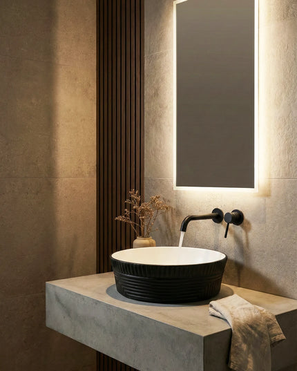 Lavoar ceramic rotund A747-CBKW-MRS – design modern alb mat și negru mat texturat